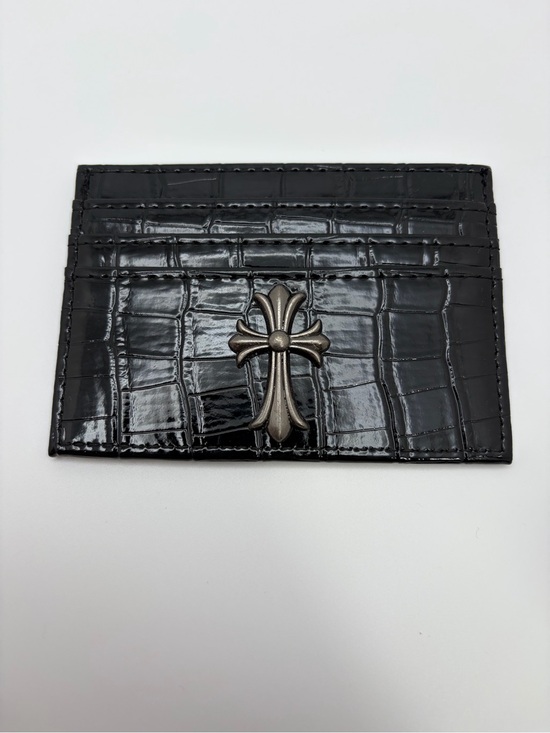 Wallet Other - Croc-Embossed Black Card Holder with Metal Cross Accent